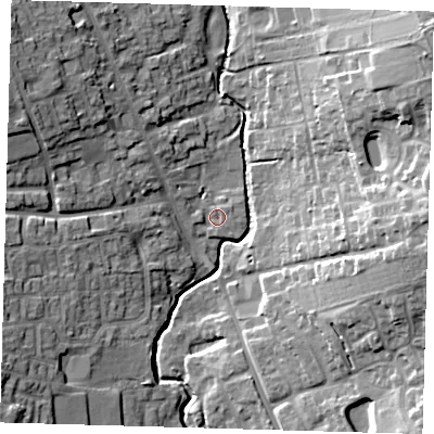 Shaded relief map of the ground around SG99AR, computed from Environment Agency LiDAR. The ground here sits at about 90 m above sea level and falls 26 m across the surrounding 800 m. Surface water reaching this point runs off ground lying to the west, 1.2 m higher.