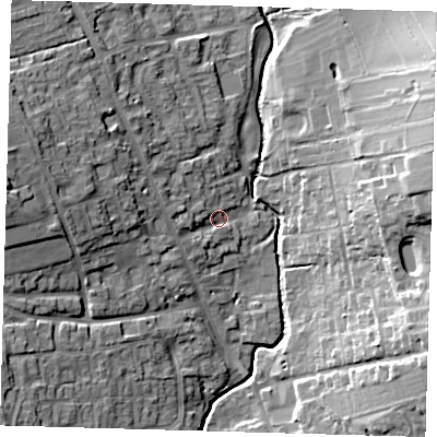 Shaded relief map of the ground around SG99AS, computed from Environment Agency LiDAR. The ground here sits at about 91 m above sea level and falls 21 m across the surrounding 800 m. Surface water reaching this point runs off ground lying to the west-north-west, 11.3 m higher.