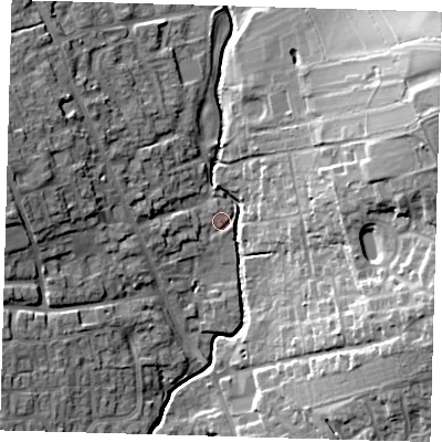 Shaded relief map of the ground around SG99BF, computed from Environment Agency LiDAR. The ground here sits at about 90 m above sea level and falls 26 m across the surrounding 800 m. Surface water reaching this point runs off ground lying to the west, 4.6 m higher.