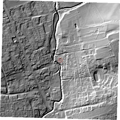 Shaded relief map of the ground around SG99ES, computed from Environment Agency LiDAR. The ground here sits at about 90 m above sea level and falls 27 m across the surrounding 800 m. Surface water reaching this point runs off ground lying to the west, 13.9 m higher.