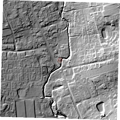 Shaded relief map of the ground around SG99FZ, computed from Environment Agency LiDAR. The ground here sits at about 89 m above sea level and falls 27 m across the surrounding 800 m. Surface water reaching this point runs off ground lying to the north-east, 22.2 m higher.