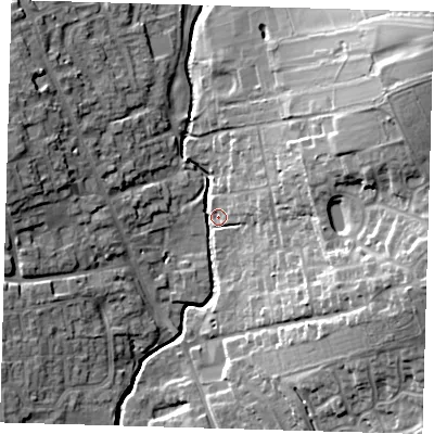 Shaded relief map of the ground around SG99HQ, computed from Environment Agency LiDAR. The ground here sits at about 90 m above sea level and falls 28 m across the surrounding 800 m. Surface water reaching this point runs off ground lying to the north-east, 25.5 m higher.