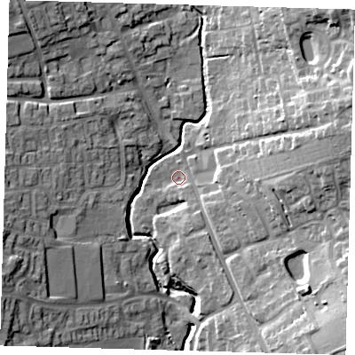 Shaded relief map of the ground around SG99HT, computed from Environment Agency LiDAR. The ground here sits at about 89 m above sea level and falls 24 m across the surrounding 800 m. Surface water reaching this point runs off ground lying to the south-south-east, 4.3 m higher.