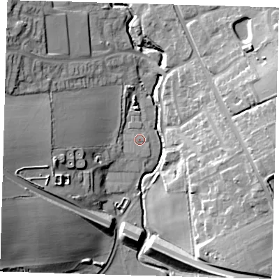 Shaded relief map of the ground around SG99JS, computed from Environment Agency LiDAR. The ground here sits at about 87 m above sea level and falls 25 m across the surrounding 800 m. Surface water reaching this point runs off ground lying to the west, 18.7 m higher.