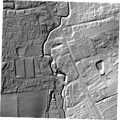 Shaded relief map of the ground around SG99JT, computed from Environment Agency LiDAR. The ground here sits at about 91 m above sea level and falls 25 m across the surrounding 800 m. Surface water reaching this point runs off ground lying to the south-east, 3.4 m higher.