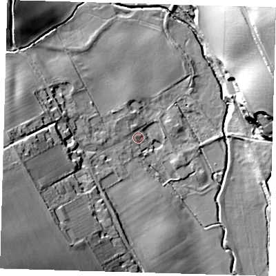 Shaded relief map of the ground around SG99LJ, computed from Environment Agency LiDAR. The ground here sits at about 79 m above sea level and falls 29 m across the surrounding 800 m. Surface water reaching this point runs off ground lying to the west-south-west, 24.6 m higher.