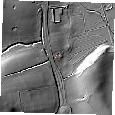 Shaded relief map of the ground around SG99ND, computed from Environment Agency LiDAR. The ground here sits at about 72 m above sea level and falls 37 m across the surrounding 800 m. Surface water reaching this point runs off ground lying to the north-west, 4.3 m higher.