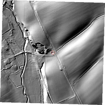 Shaded relief map of the ground around SG99NG, computed from Environment Agency LiDAR. The ground here sits at about 93 m above sea level and falls 40 m across the surrounding 800 m. Surface water reaching this point runs off ground lying to the north-east, 23.4 m higher.