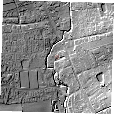 Shaded relief map of the ground around SG99NR, computed from Environment Agency LiDAR. The ground here sits at about 89 m above sea level and falls 23 m across the surrounding 800 m. Surface water reaching this point runs off ground lying to the east-south-east, 4.8 m higher.