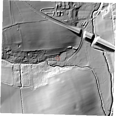 Shaded relief map of the ground around SG99PB, computed from Environment Agency LiDAR. The ground here sits at about 87 m above sea level and falls 36 m across the surrounding 800 m. Surface water reaching this point runs off ground lying to the north-north-west, 13.1 m higher.