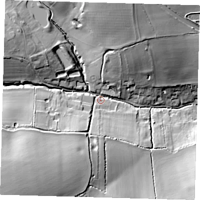 Shaded relief map of the ground around SG99PG, computed from Environment Agency LiDAR. The ground here sits at about 91 m above sea level and falls 34 m across the surrounding 800 m. Surface water reaching this point runs off ground lying to the south-west, 31.2 m higher.