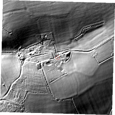 Shaded relief map of the ground around SG99RB, computed from Environment Agency LiDAR. The ground here sits at about 140 m above sea level and falls 20 m across the surrounding 800 m. Surface water reaching this point runs off ground lying to the south-east, 8.7 m higher.