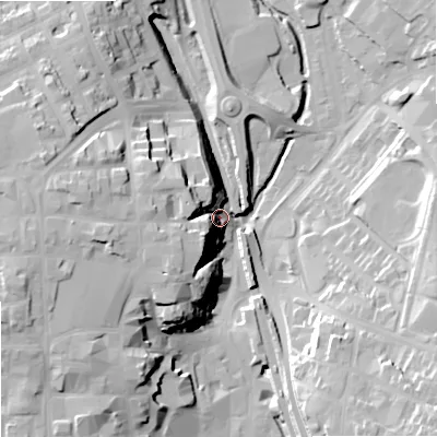 Shaded relief map of the ground around SK101ET, computed from Environment Agency LiDAR. The ground here sits at about 134 m above sea level and falls 31 m across the surrounding 800 m. Surface water reaching this point runs off ground lying to the south-west, 23.6 m higher.