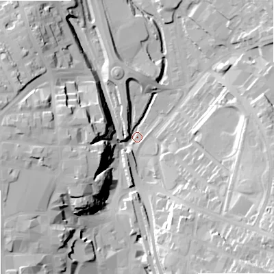 Shaded relief map of the ground around SK101LJ, computed from Environment Agency LiDAR. The ground here sits at about 127 m above sea level and falls 31 m across the surrounding 800 m. Surface water reaching this point runs off ground lying to the west, 29.1 m higher.