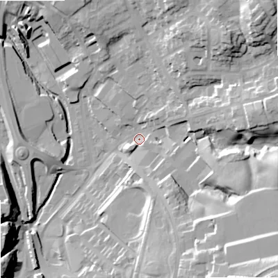 Shaded relief map of the ground around SK101LL, computed from Environment Agency LiDAR. The ground here sits at about 131 m above sea level and falls 39 m across the surrounding 800 m. Surface water reaching this point runs off ground lying to the north-east, 24.9 m higher.