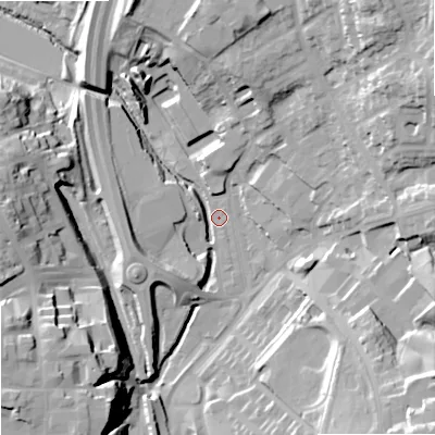 Shaded relief map of the ground around SK102AY, computed from Environment Agency LiDAR. The ground here sits at about 126 m above sea level and falls 34 m across the surrounding 800 m. Surface water reaching this point runs off ground lying to the south-west, 29.3 m higher.