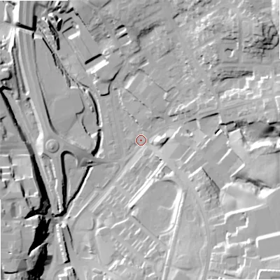 Shaded relief map of the ground around SK102QJ, computed from Environment Agency LiDAR. The ground here sits at about 128 m above sea level and falls 38 m across the surrounding 800 m. Surface water reaching this point runs off ground lying to the south-east, 32.1 m higher.