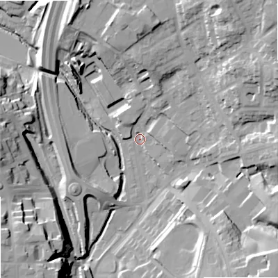 Shaded relief map of the ground around SK102QP, computed from Environment Agency LiDAR. The ground here sits at about 127 m above sea level and falls 33 m across the surrounding 800 m. Surface water reaching this point runs off ground lying to the east-north-east, 22.9 m higher.