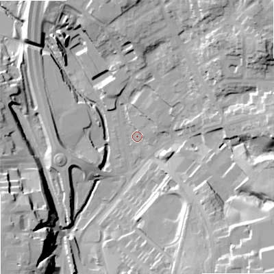 Shaded relief map of the ground around SK102QR, computed from Environment Agency LiDAR. The ground here sits at about 127 m above sea level and falls 35 m across the surrounding 800 m. Surface water reaching this point runs off ground lying to the east-north-east, 3.6 m higher.