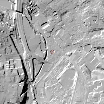 Shaded relief map of the ground around SK102QW, computed from Environment Agency LiDAR. The ground here sits at about 127 m above sea level and falls 35 m across the surrounding 800 m. Surface water reaching this point runs off ground lying to the south-east, 30.1 m higher.