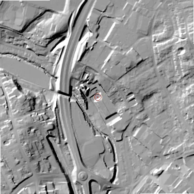 Shaded relief map of the ground around SK102ZS, computed from Environment Agency LiDAR. The ground here sits at about 124 m above sea level and falls 34 m across the surrounding 800 m. Surface water reaching this point runs off ground lying to the north-east, 19.3 m higher.