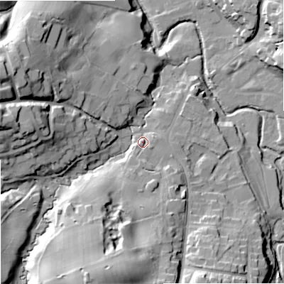 Shaded relief map of the ground around SK104AL, computed from Environment Agency LiDAR. The ground here sits at about 109 m above sea level and falls 36 m across the surrounding 800 m. Surface water reaching this point runs off ground lying to the south-south-west, 25.6 m higher.
