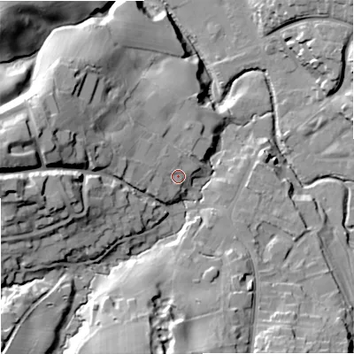 Shaded relief map of the ground around SK104AN, computed from Environment Agency LiDAR. The ground here sits at about 109 m above sea level and falls 40 m across the surrounding 800 m. Surface water reaching this point runs off ground lying to the west, 7.9 m higher.