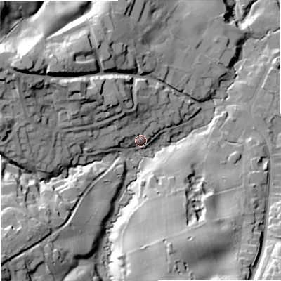 Shaded relief map of the ground around SK104AW, computed from Environment Agency LiDAR. The ground here sits at about 114 m above sea level and falls 45 m across the surrounding 800 m. Surface water reaching this point runs off ground lying to the north-north-west, 12.6 m higher.