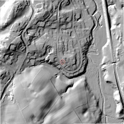 Shaded relief map of the ground around SK104DD, computed from Environment Agency LiDAR. The ground here sits at about 126 m above sea level and falls 47 m across the surrounding 800 m. Surface water reaching this point runs off ground lying to the north-west, 7.4 m higher.