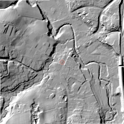 Shaded relief map of the ground around SK104DG, computed from Environment Agency LiDAR. The ground here sits at about 106 m above sea level and falls 30 m across the surrounding 800 m. Surface water reaching this point runs off ground lying to the south-south-west, 3.2 m higher.
