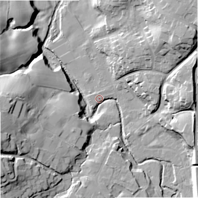 Shaded relief map of the ground around SK104DP, computed from Environment Agency LiDAR. The ground here sits at about 101 m above sea level and falls 32 m across the surrounding 800 m. Surface water reaching this point runs off ground lying to the west-south-west, 29.3 m higher.