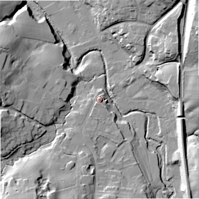 Shaded relief map of the ground around SK104DQ, computed from Environment Agency LiDAR. The ground here sits at about 108 m above sea level and falls 32 m across the surrounding 800 m. Surface water reaching this point runs off ground lying to the south-south-west, 5.1 m higher.