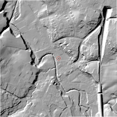Shaded relief map of the ground around SK104DR, computed from Environment Agency LiDAR. The ground here sits at about 101 m above sea level and falls 35 m across the surrounding 800 m. Surface water reaching this point runs off ground lying to the east-north-east, 31.4 m higher.