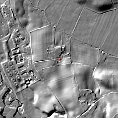 Shaded relief map of the ground around SK104DS, computed from Environment Agency LiDAR. The ground here sits at about 103 m above sea level and falls 35 m across the surrounding 800 m. Surface water reaching this point runs off ground lying to the south-south-east, 15.4 m higher.