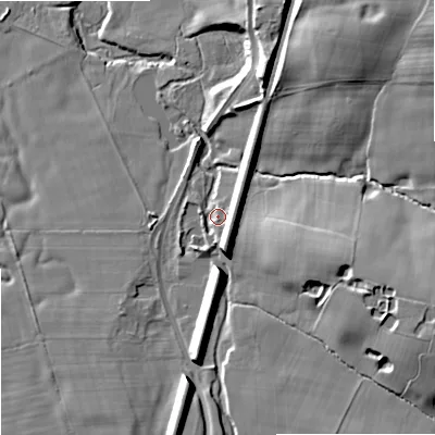 Shaded relief map of the ground around SK104DU, computed from Environment Agency LiDAR. The ground here sits at about 100 m above sea level and falls 21 m across the surrounding 800 m. Surface water reaching this point runs off ground lying to the south, 3.0 m higher.