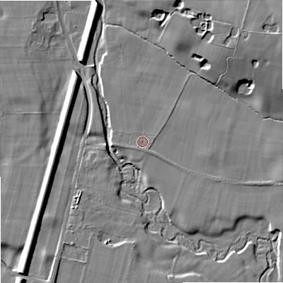 Shaded relief map of the ground around SK104DX, computed from Environment Agency LiDAR. The ground here sits at about 104 m above sea level and falls 16 m across the surrounding 800 m. Surface water reaching this point runs off ground lying to the east-south-east, 3.5 m higher.