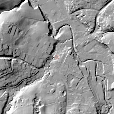 Shaded relief map of the ground around SK104GY, computed from Environment Agency LiDAR. The ground here sits at about 105 m above sea level and falls 32 m across the surrounding 800 m. Surface water reaching this point runs off ground lying to the west, 24.8 m higher.
