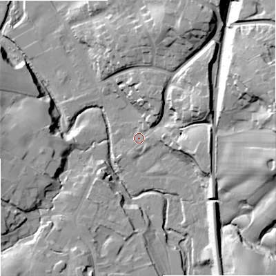 Shaded relief map of the ground around SK104HP, computed from Environment Agency LiDAR. The ground here sits at about 102 m above sea level and falls 38 m across the surrounding 800 m. Surface water reaching this point runs off ground lying to the north-north-east, 24.5 m higher.