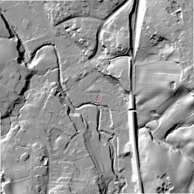 Shaded relief map of the ground around SK104HR, computed from Environment Agency LiDAR. The ground here sits at about 103 m above sea level and falls 39 m across the surrounding 800 m. Surface water reaching this point runs off ground lying to the east-north-east, 15.5 m higher.