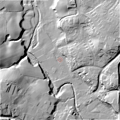 Shaded relief map of the ground around SK104JJ, computed from Environment Agency LiDAR. The ground here sits at about 100 m above sea level and falls 35 m across the surrounding 800 m. Surface water reaching this point runs off ground lying to the east-north-east, 25.2 m higher.