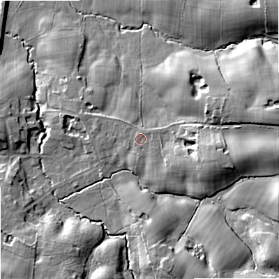 Shaded relief map of the ground around SK104JU, computed from Environment Agency LiDAR. The ground here sits at about 104 m above sea level and falls 22 m across the surrounding 800 m. Surface water reaching this point runs off ground lying to the south-south-east, 2.3 m higher.