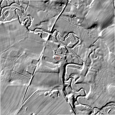 Shaded relief map of the ground around SK104LW, computed from Environment Agency LiDAR. The ground here sits at about 79 m above sea level and falls 12 m across the surrounding 800 m. Surface water reaching this point runs off ground lying to the east, 1.1 m higher.