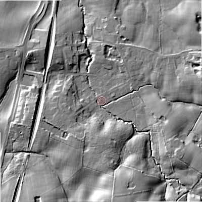 Shaded relief map of the ground around SK104ND, computed from Environment Agency LiDAR. The ground here sits at about 101 m above sea level and falls 22 m across the surrounding 800 m. Surface water reaching this point runs off ground lying to the south-south-east, 16.8 m higher.