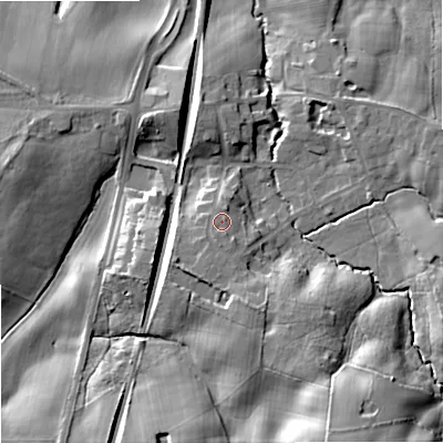 Shaded relief map of the ground around SK104NE, computed from Environment Agency LiDAR. The ground here sits at about 104 m above sea level and falls 22 m across the surrounding 800 m. Surface water reaching this point runs off ground lying to the south-south-east, 4.9 m higher.