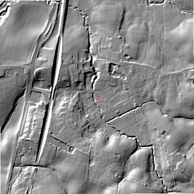 Shaded relief map of the ground around SK104NF, computed from Environment Agency LiDAR. The ground here sits at about 100 m above sea level and falls 21 m across the surrounding 800 m. Surface water reaching this point runs off ground lying to the south-south-east, 15.2 m higher.