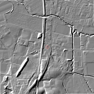 Shaded relief map of the ground around SK104NJ, computed from Environment Agency LiDAR. The ground here sits at about 93 m above sea level and falls 13 m across the surrounding 800 m. Surface water reaching this point runs off ground lying to the south-south-west, 8.0 m higher.