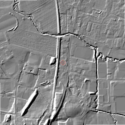 Shaded relief map of the ground around SK104NR, computed from Environment Agency LiDAR. The ground here sits at about 92 m above sea level and falls 13 m across the surrounding 800 m. Surface water reaching this point runs off ground lying to the south, 8.5 m higher.