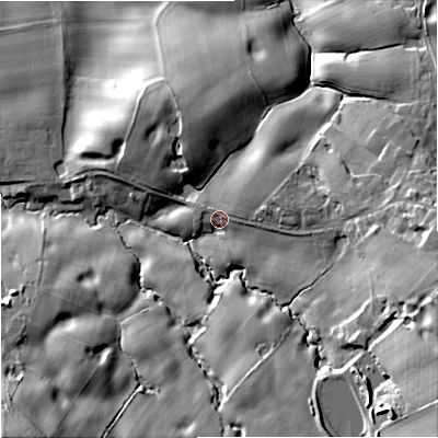 Shaded relief map of the ground around SK104QN, computed from Environment Agency LiDAR. The ground here sits at about 103 m above sea level and falls 37 m across the surrounding 800 m. Surface water reaching this point runs off ground lying to the east-south-east, 20.6 m higher.