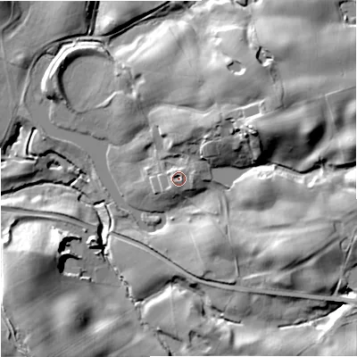 Shaded relief map of the ground around SK104RS, computed from Environment Agency LiDAR. The ground here sits at about 112 m above sea level and falls 32 m across the surrounding 800 m. Surface water reaching this point runs off ground lying to the north-east, 11.0 m higher.