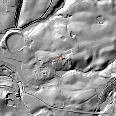 Shaded relief map of the ground around SK104RX, computed from Environment Agency LiDAR. The ground here sits at about 122 m above sea level and falls 39 m across the surrounding 800 m. Surface water reaching this point runs off ground lying to the east, 7.9 m higher.
